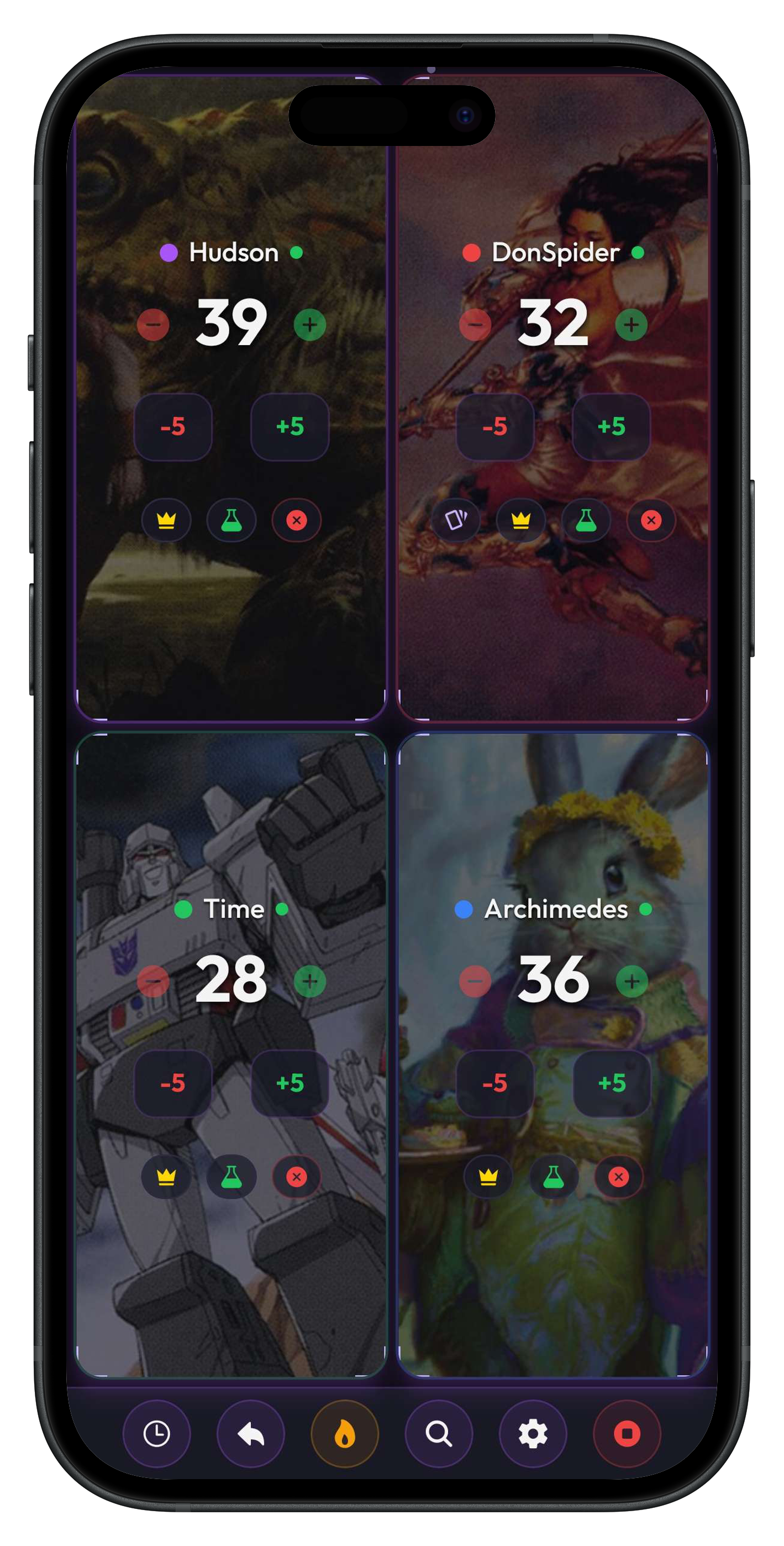 Life tracker showing four players in a live game